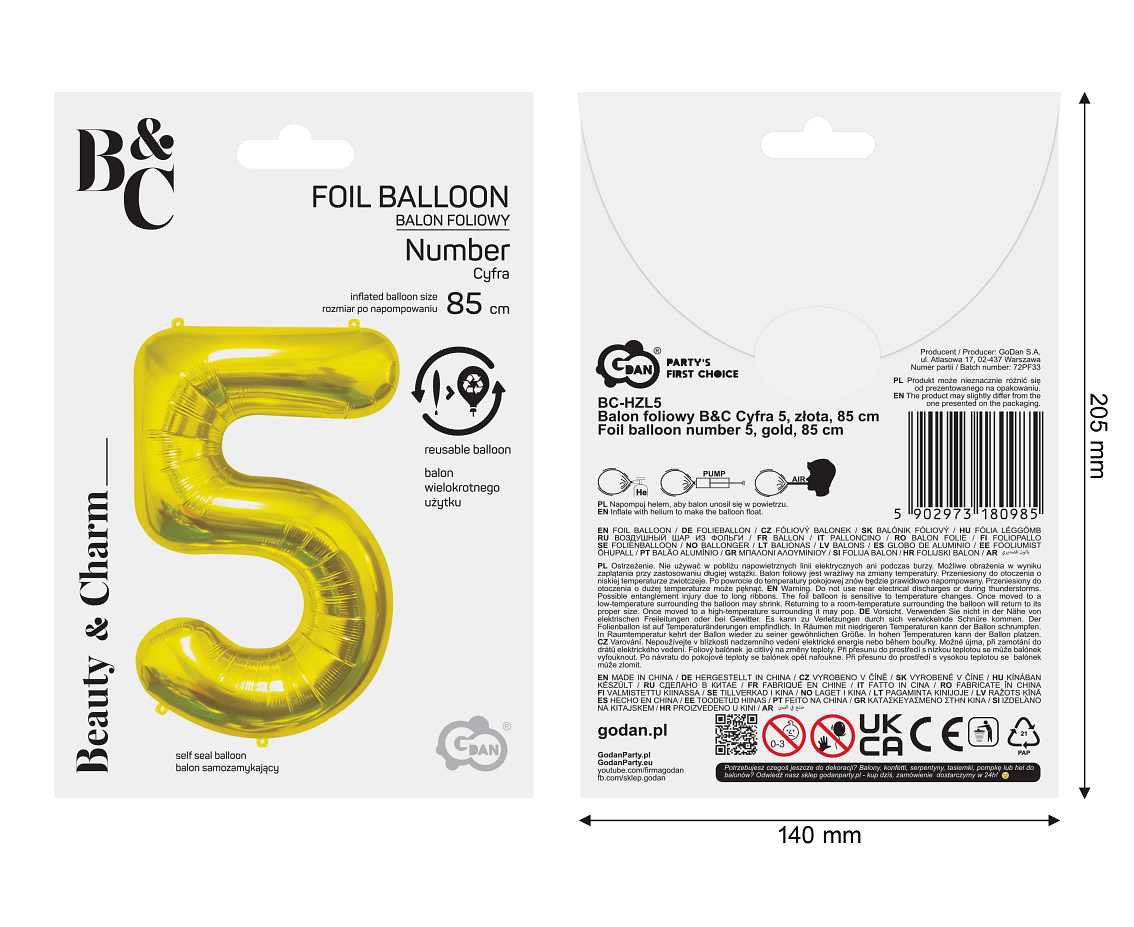 Foil Balloon B&C Number 5, Gold, 85 cm